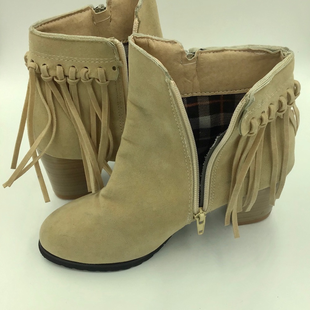 Faux suede tan bootie zipper & fringe accents